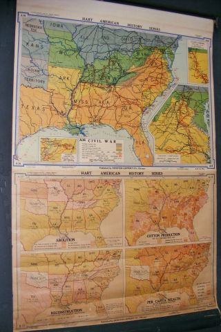 2vtg 1928/37 Denoyer - Geppert Co School Map Civil War/reconstruction Ku Klux Klan
