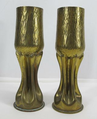 Antique 1917 Wwi Pair Arts & Crafts Hammered Goblet Mantle Vases Trench Art Yqz