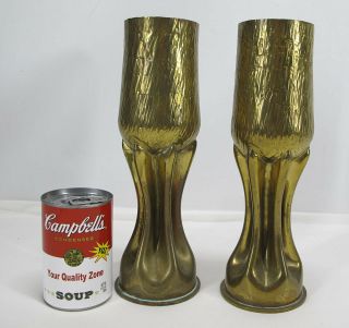 Antique 1917 WWI Pair Arts & Crafts Hammered Goblet Mantle Vases Trench Art yqz 3