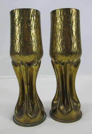 Antique 1917 WWI Pair Arts & Crafts Hammered Goblet Mantle Vases Trench Art yqz 5