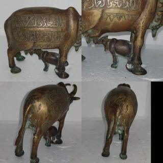Antique Unique Lovely Cow Animal Silver inlaid Islamic Writing Bronze Animal 3