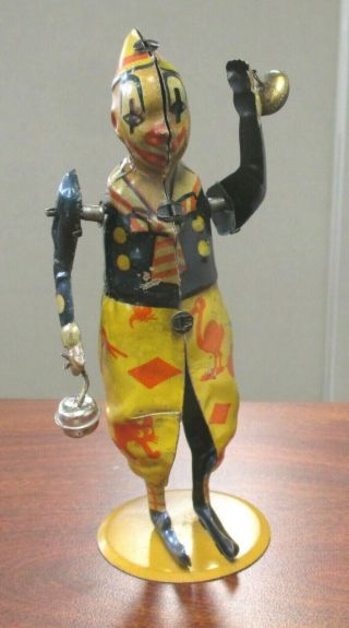 Vintage Germany Tin Litho Clockwork Key Wind Mechanical Clown W/bells 5 - 3/4 "