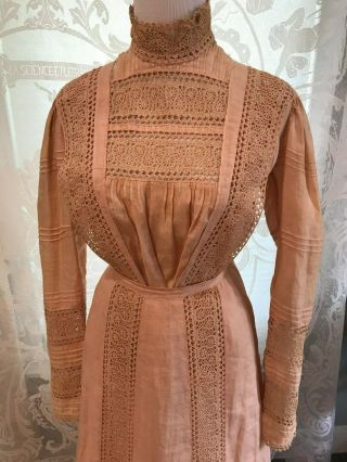 Victorian 19th Century Handmade 2 - Piece Day Dress - Salmon Linen And Lace