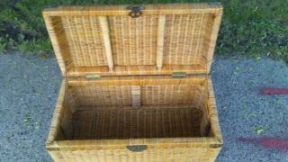 Vintage Mid Century Wicker Brass Linen Trunk Hope Chest asian retro boho chic 12