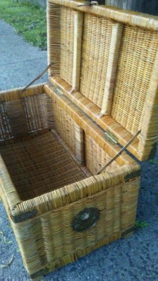 Vintage Mid Century Wicker Brass Linen Trunk Hope Chest asian retro boho chic 3