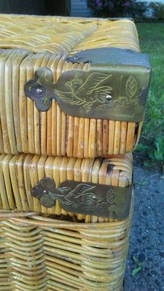 Vintage Mid Century Wicker Brass Linen Trunk Hope Chest asian retro boho chic 6