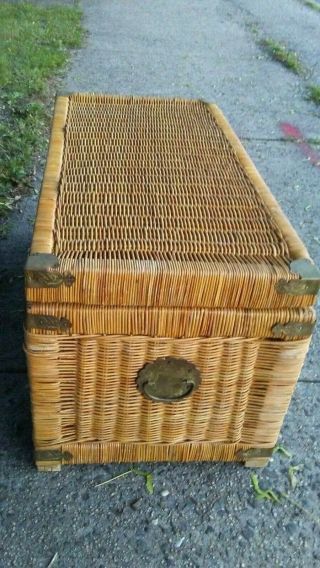 Vintage Mid Century Wicker Brass Linen Trunk Hope Chest asian retro boho chic 7