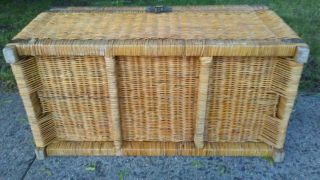 Vintage Mid Century Wicker Brass Linen Trunk Hope Chest asian retro boho chic 9