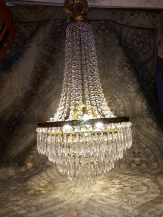 Vintage Italian Brass Crystal Chandelier,  Layered,  3 Light 15.  5” X 31.  5 "