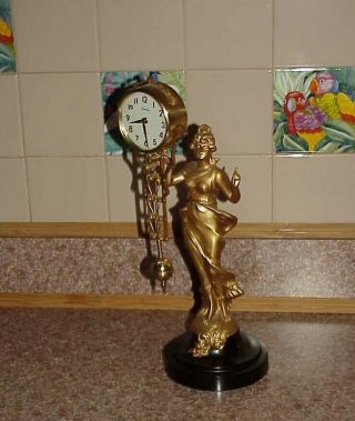 Vintage Linden Swinging Arm Clock Art Nouveau Lady Statue Gold Rare