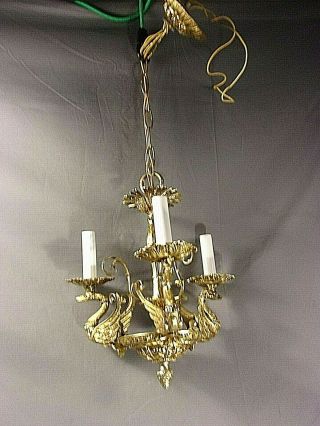 Vtg 14 " Empire Swan Chandelier Wired Small 3 Light W Canopy Brass 2 Available