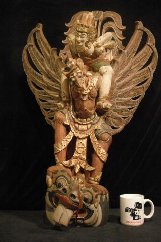 Huge Antique 35” Tall (89 Cm) Balinese Wood Carving Lord Vishnu Riding Garuda