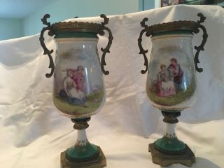 Antique Pair Sevres Urn Style Gilt Bronze Porcelain Painted Vases