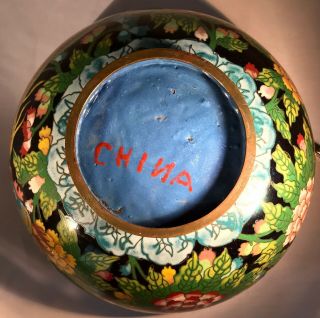 Antique Chinese Blue/Black Cloisonne Bowl - Floral Design w/Phoenix - Marked CHINA 11
