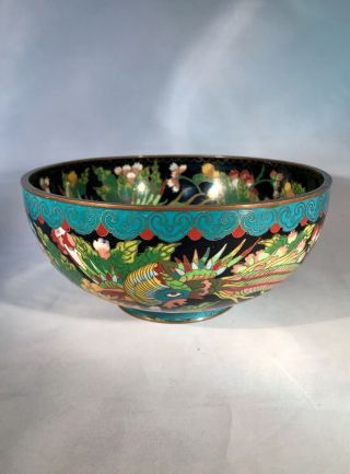 Antique Chinese Blue/Black Cloisonne Bowl - Floral Design w/Phoenix - Marked CHINA 12