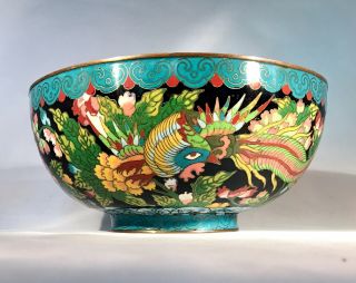 Antique Chinese Blue/black Cloisonne Bowl - Floral Design W/phoenix - Marked China