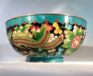 Antique Chinese Blue/Black Cloisonne Bowl - Floral Design w/Phoenix - Marked CHINA 2