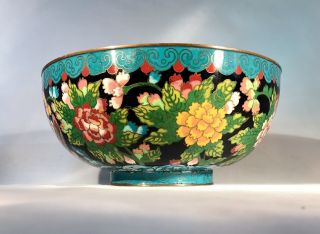 Antique Chinese Blue/Black Cloisonne Bowl - Floral Design w/Phoenix - Marked CHINA 3