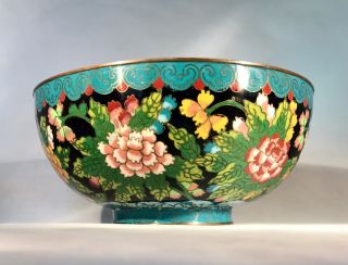 Antique Chinese Blue/Black Cloisonne Bowl - Floral Design w/Phoenix - Marked CHINA 4