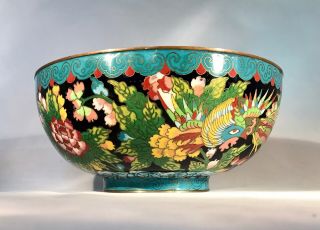 Antique Chinese Blue/Black Cloisonne Bowl - Floral Design w/Phoenix - Marked CHINA 5
