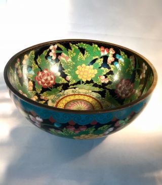 Antique Chinese Blue/Black Cloisonne Bowl - Floral Design w/Phoenix - Marked CHINA 7