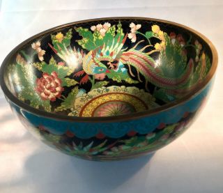 Antique Chinese Blue/Black Cloisonne Bowl - Floral Design w/Phoenix - Marked CHINA 9