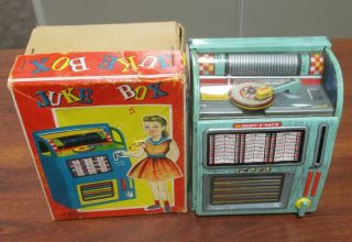 Vintage Haji Tin Litho Wind Up Juke Box Toy W/original Box