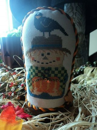 Completed Cross Stitch Bent Creek Scared Crow Stand Up Halloween Ornament Charm