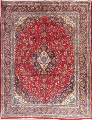 Vintage Hand - Knotted Floral Red 9x12 Kashmar Persian Oriental Area Rug Wool