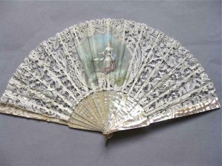 Attractive Antique Handmade Lace And Mother Of Pearl Fan