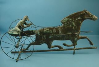 Vtg Antique Trotting Horse & Sulky Jockey Driver Two - Wheel Copper Weather Vane