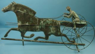 VTG Antique Trotting Horse & Sulky Jockey Driver Two - Wheel Copper Weather Vane 2