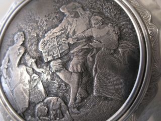 Vintage Silver Antique Lithograph Woman Couple Bird Dog STRATTON Compact ENGLAND 3