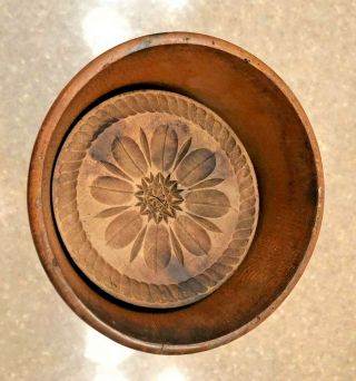 Antique Wooden Butter Mold Press Hand Carved Floral Design 6