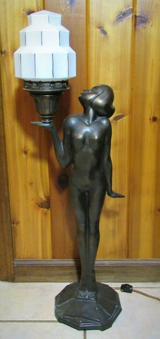Loevsky & Loevsky Nude Figure Art Deco Table Lamp Signed W/skyscraper Shade 32 " T