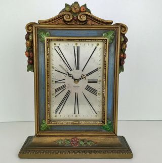 Waltham Mantle Clock,  Metal Face Painted Wood Frame Flower Leaf 8 Day Vintag