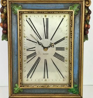 WALTHAM MANTLE CLOCK,  METAL FACE PAINTED WOOD FRAME FLOWER LEAF 8 DAY VINTAG 2