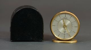 Vtg Jaeger Lecoultre 8 Days Alarm Travel Clock Memovox Brushed Gold W Case
