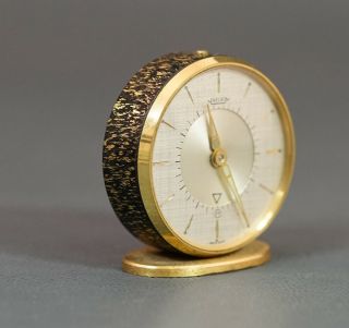 VTG Jaeger Lecoultre 8 days Alarm Travel Clock Memovox Brushed Gold w Case 3