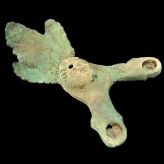 RARE ANCIENT ROMAN BRONZE DOUBLE SPOUTED,  SINGLE BUSTED OIL LAMP - 200 - 400 AD (3 2