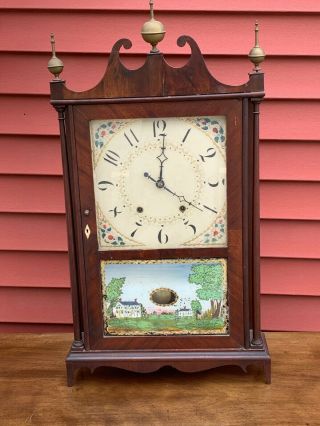 Large Antique Eli Terry Pillar And Scroll Clock W/ Weights & Key 31 "