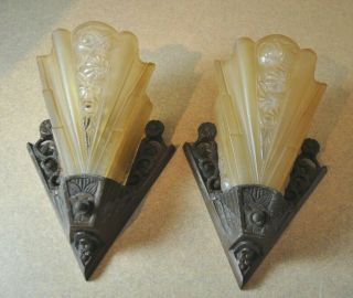 Antique Pair Lightolier Art Deco Switch Wall Sconces Amber Glass Slips