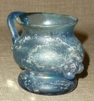 Antique Small 2,  000 - Year - Old Mouthblown Blue Roman Glass Decorated Cup W/ Handle