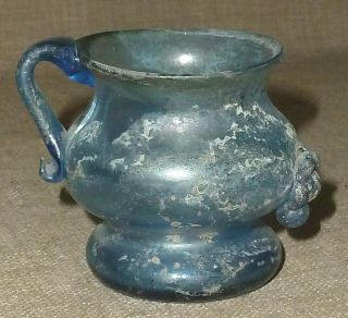 ANTIQUE Small 2,  000 - YEAR - OLD MOUTHBLOWN BLUE ROMAN GLASS DECORATED CUP w/ HANDLE 2