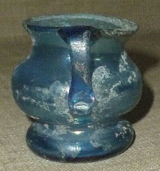 ANTIQUE Small 2,  000 - YEAR - OLD MOUTHBLOWN BLUE ROMAN GLASS DECORATED CUP w/ HANDLE 3