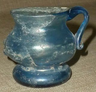 ANTIQUE Small 2,  000 - YEAR - OLD MOUTHBLOWN BLUE ROMAN GLASS DECORATED CUP w/ HANDLE 4
