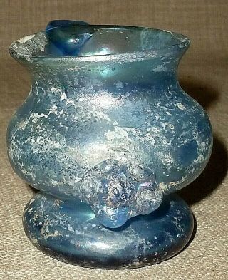 ANTIQUE Small 2,  000 - YEAR - OLD MOUTHBLOWN BLUE ROMAN GLASS DECORATED CUP w/ HANDLE 5