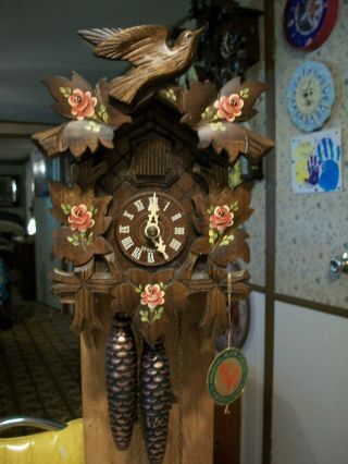 Vintage Rare German Black Forest Hand Paint Roses Cuckoo Clock
