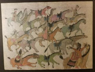 Ledger Art.  Army Ponies.  Very Large Early To Mid 1900s