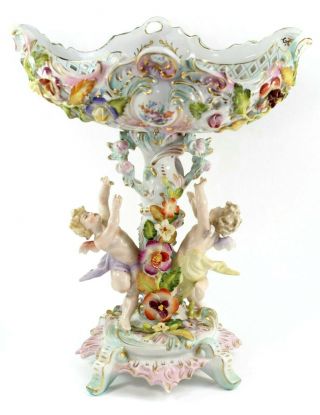 Dresden Sitzendorf Compote Figural Cherub 10 " Reticulated Pedestal Bowl Antique